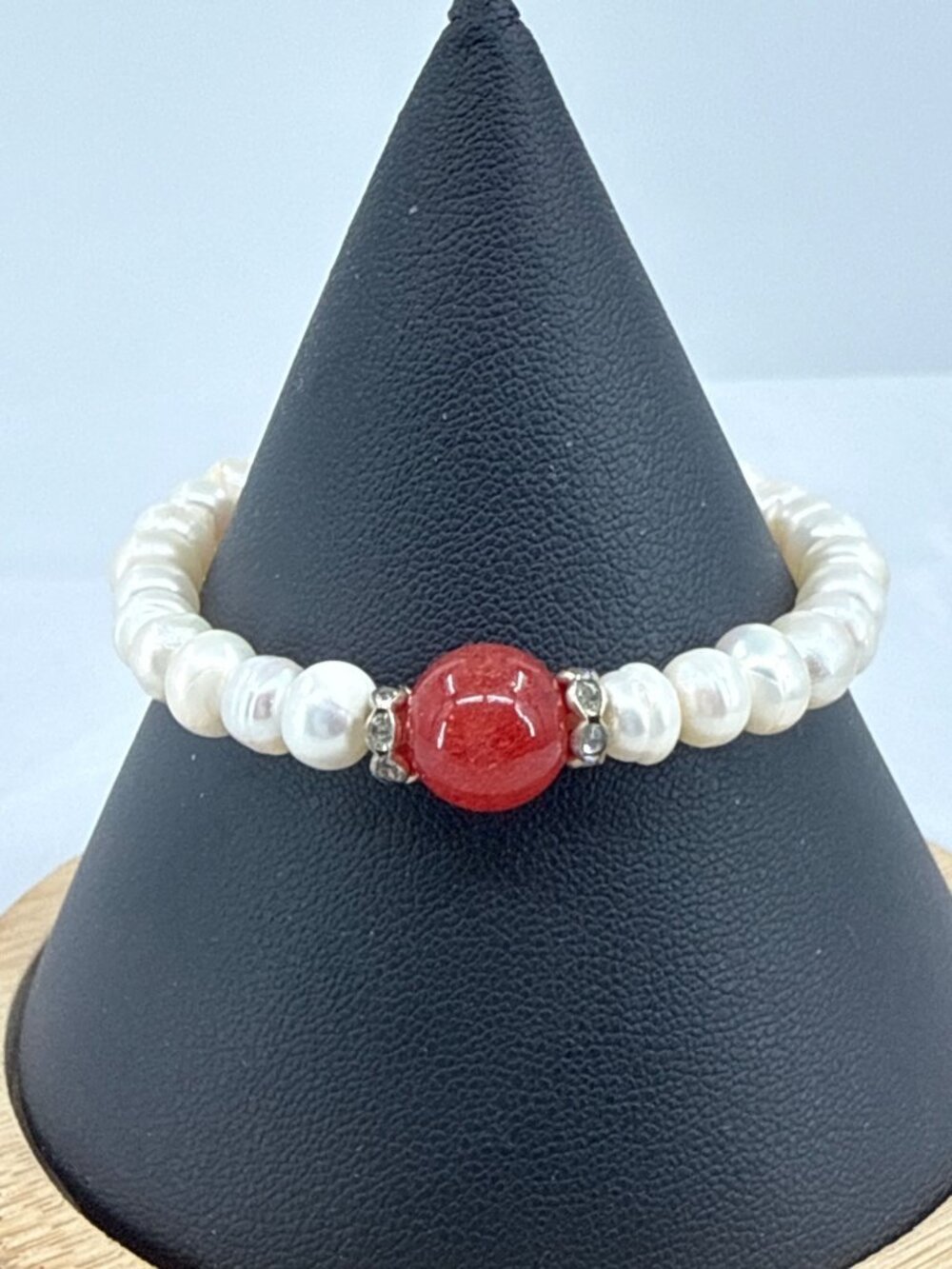 Freshwater Pearl & Red Jade Elastic Accent Bracelet